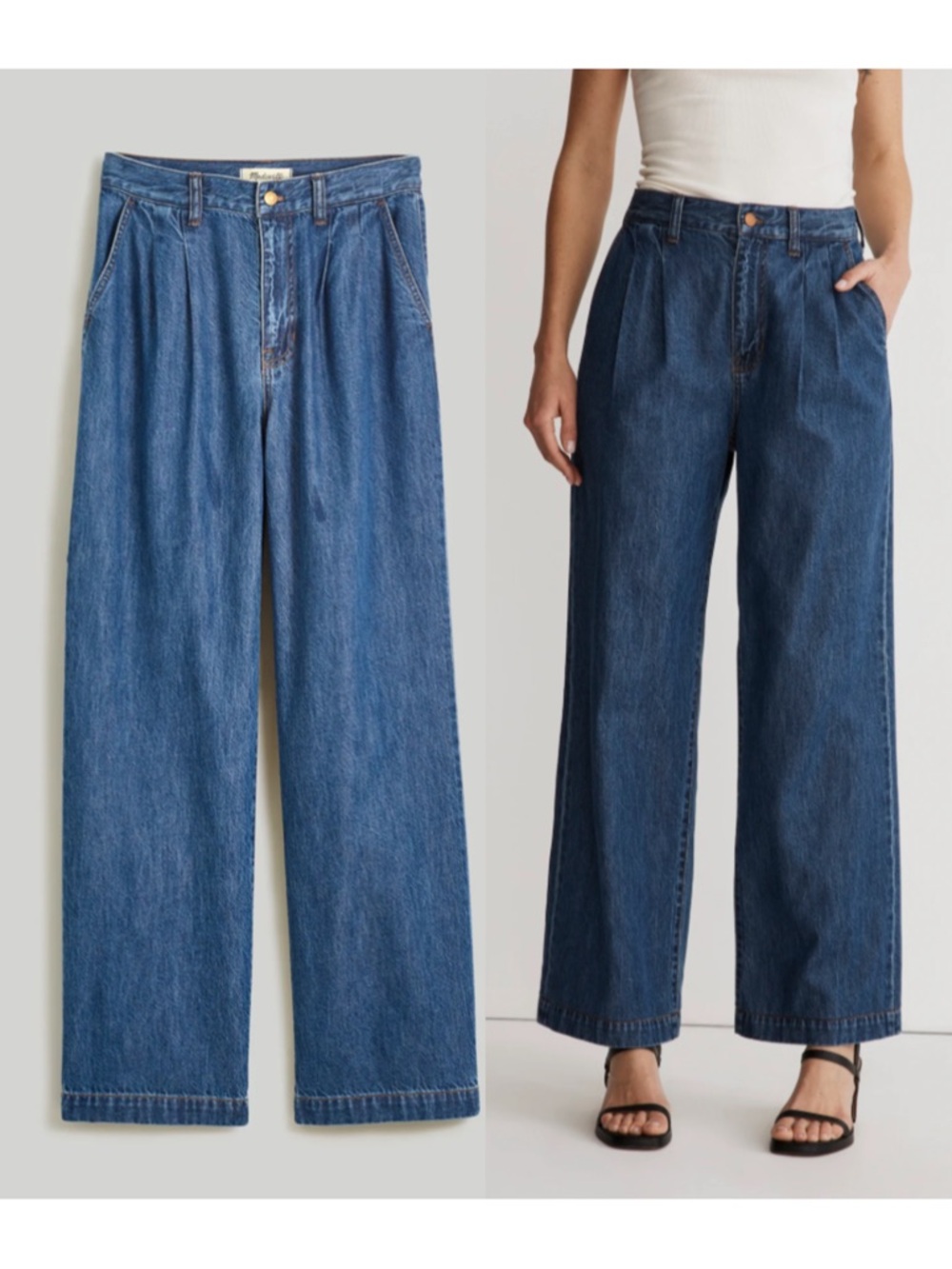 Madewell Wide-Leg Pleated Jeans in Medium Blue Denim